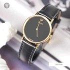 MOVADO Signature Women's Gold Slim Black Leather Strap Swiss Watch