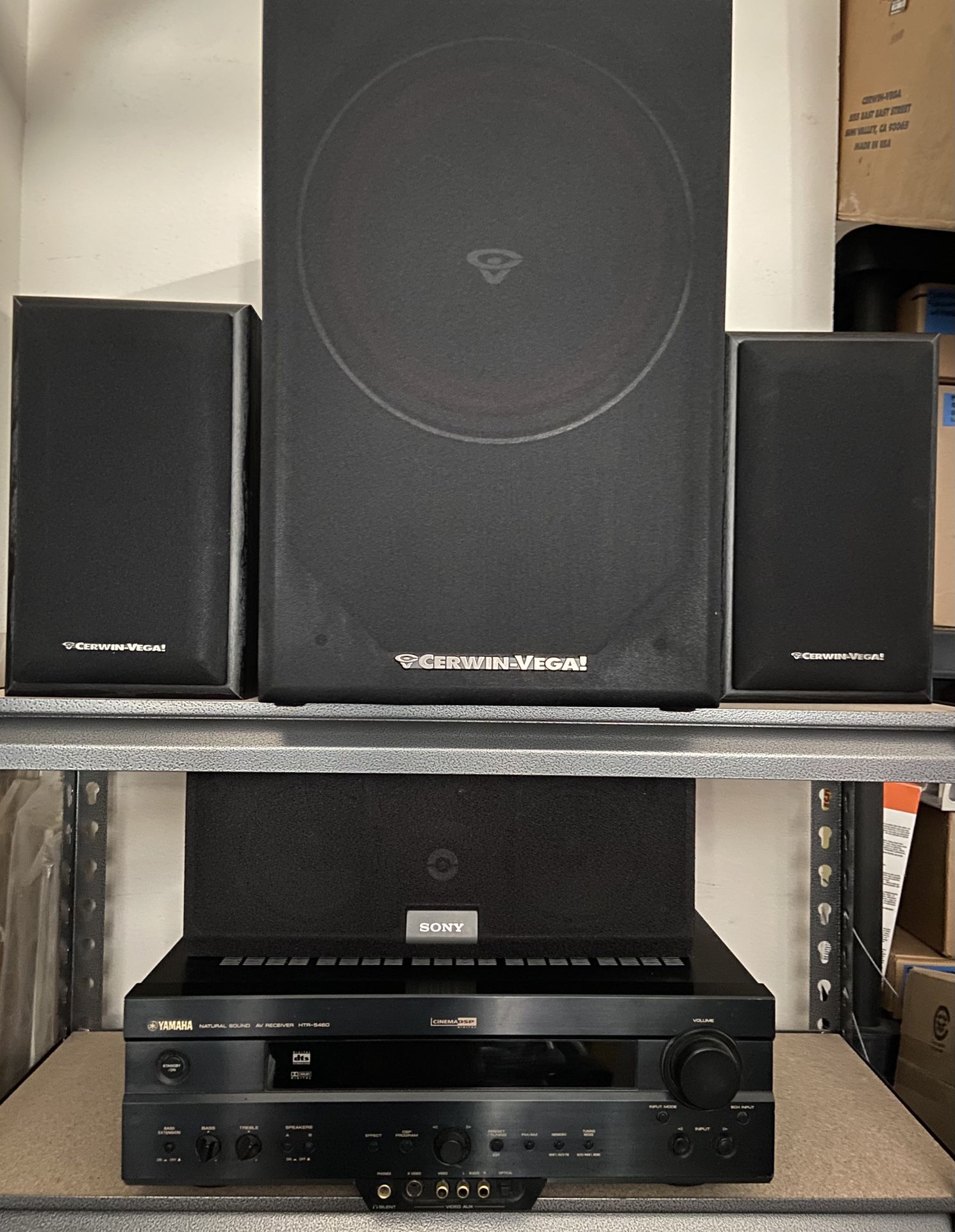YAMAHA RECEIVER, SONY CENTER CHANNEL, & CERWIN-VEGA 10“ POWERED SUBWOOFER and SPEAKERS