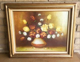 Original R. Pasanault Oil Painting Still Life Flowers In Vase Framed 29.5" X 35"
