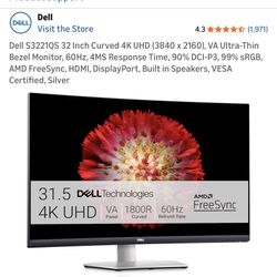 Dell S3221QS 32 Inch Curved 4K UHD (3840 x 2160), VA Ultra-Thin Bezel Monitor, 60Hz, 4MS Response Time, 90% DCI-P3, 99% SRGB, AMD FreeSync, HDMI, Disp