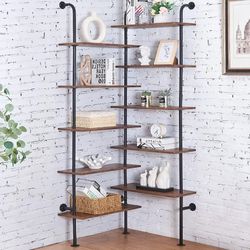 HOMBAZAAR Bookshelf,10-Tier L Shaped, Industrial Double Wide Wall Mount, Modern Bookcase with Metal Frame and Wood, Industrial Corner Pipe Shelf for L