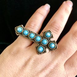 Fashion Ring- Silver Double Finger Cross Ring with Turquoise Stones