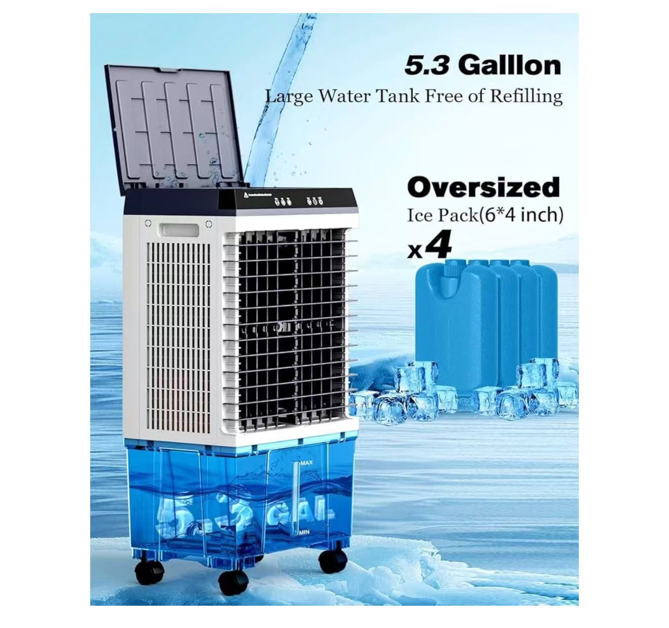 Portable Evaporative Air Cooler, 1800 CFM Swamp Cooler with Large 8 Gal Water Tank & 4 Oversized Ice Box, 120° Swing, Upgraded Remote, 12H Timer, 4-in