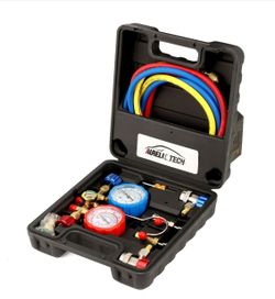 3 Way AC Manifold Gauge Set, Fits for R134A R12 R22 and R502 Refrigerants, with 5FT Hose, Acme Tank Adapters, Quick Couplers and Can Tap