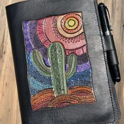 Leather A5 Journal Cover With Handtooled Desert Sunset And Cactus Refillable