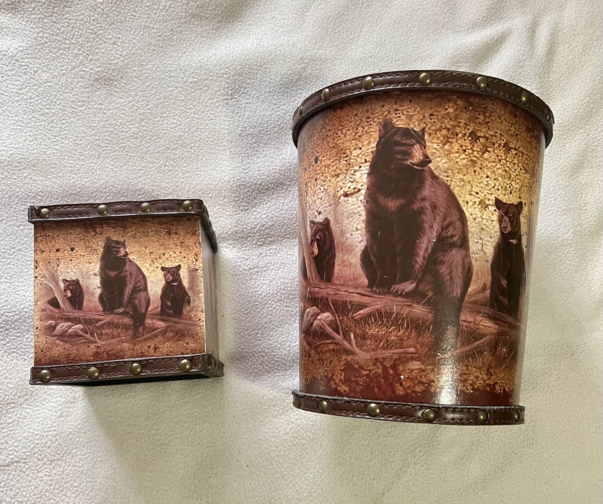 Rustic Bear With Cubs Waste Basket And Tissue Box Cover