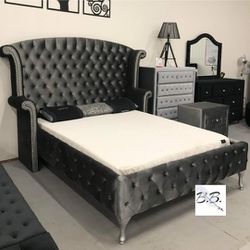 Alzire Gray Velvet Tufted King Platform Bed Frame| Nightstand, Dresser, Mirror, Chest Available| Black Color Option| Grey Flannelette| Brand New|
