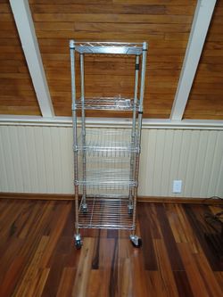 TRINITY NSF Chrome Rolling Wire Shelving Unit with Baskets & Side Hooks - 57" H x 18" W