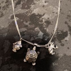 925 Sterling Silver Turtle, Fish & Frog Charm Necklace 