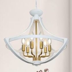 21.6 in. 6-Light Distressed White and Gold Rustic Farmhouse Wood Chandelier for Living Room Foyer Dining Room L11
