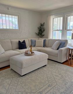 Cream Fabric Sectional Sofa with Ottoman