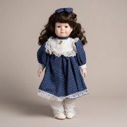Vintage Porcelain Doll with Blue Lace Dress