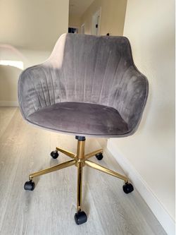 Modern Velvet Upholstered Grey & Gold Vanity or Computer Chair