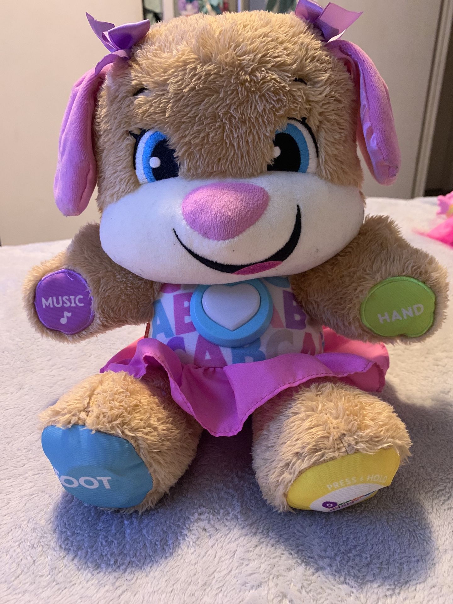 Fisher Price Laugh Learn Sing & Play ABC Tummy Puppy Girl Bear Musical Talking Interactive Education Toy 15 Inch Plush Stuffed Animal With Battery