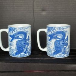 Pair Of Vintage Ceramic Chinese Blue & White  Dragonware Coffee Mugs 4" 