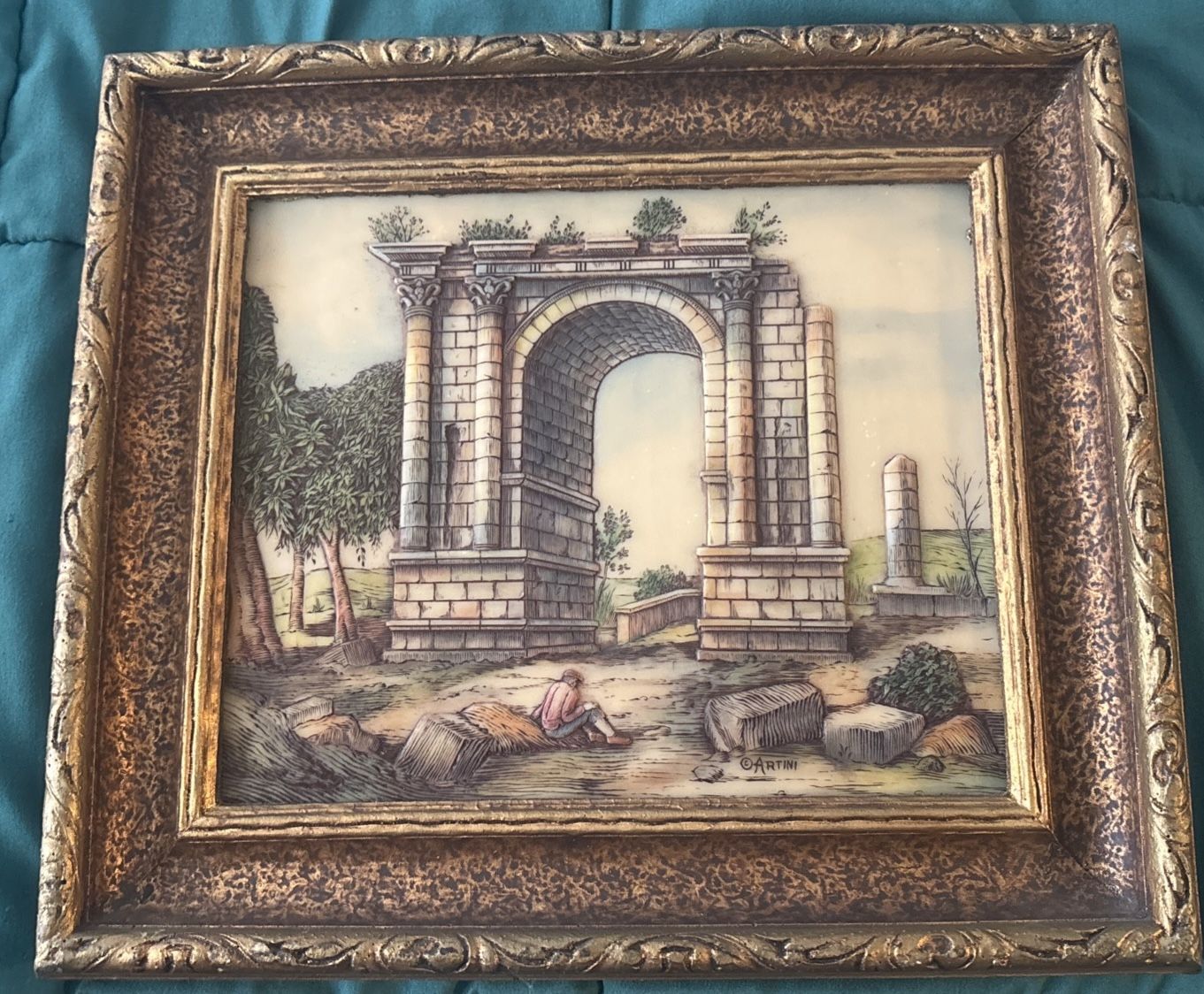 Vintage Artini Engraving Handpainted Twin Etched FRAMED ART Arch