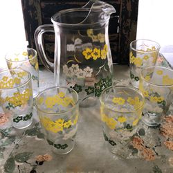 Vintage glass pitcher ,with 6 glasses,& wood tray