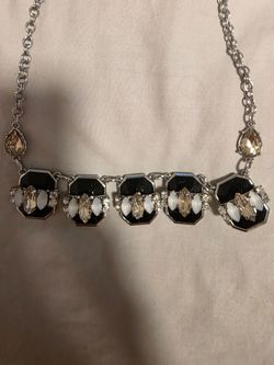 Silver Statement Necklace with Black and Crystal Stones