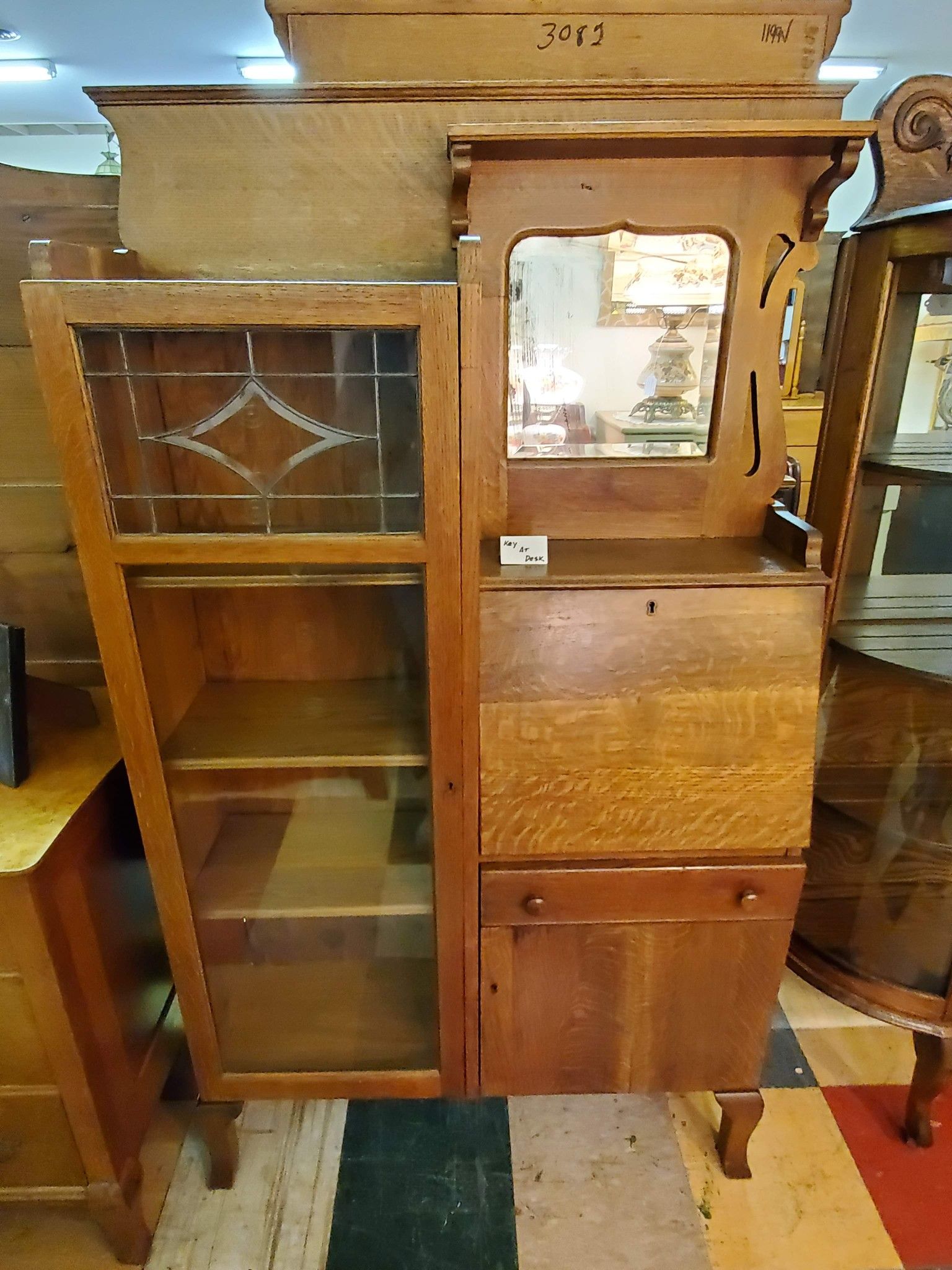 Antique Oak Side By Side Secretary Desk With Beveled Lead Glass and Key