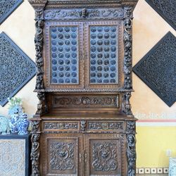 Renaissance Revival Carved Oak Cabinet Vitrine