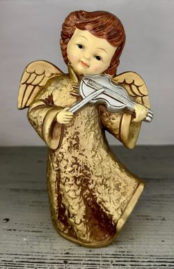 Vintage Homco  Mid Century Christmas  Gold Angel w/ Violin Figurine 8 1/2”tall.   