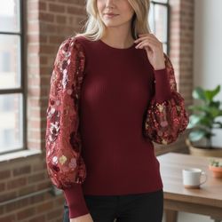 NWT Sioni Milano Burgundy Illusion Sheer Floral Embellished Sleeve Sweater Small