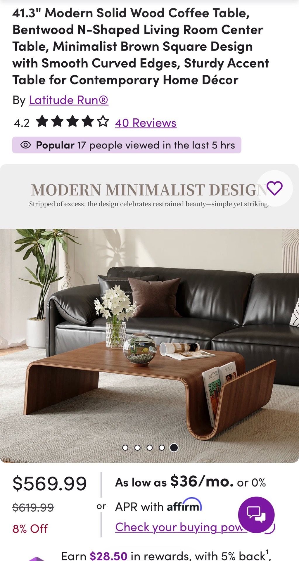 41.3" Modern Solid Wood Coffee Table, Bentwood N-Shaped Living Room Center Table, Minimalist Brown Square Design with Smooth Curved Edges