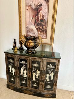 Asian Oriental black lacquer beautiful cabinet