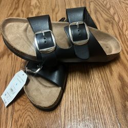 Black flat sandals with cork insole, 2 adjustable buckle straps / Size: 9 / $8