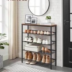 New 5-Tier Shoe Rack Organizer w/Storage Shelves,Entryway, Spacious Top, Freestanding, Rustic Brown