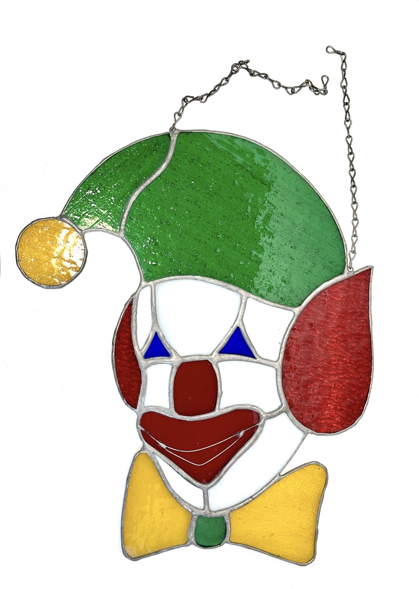 Vintage Green, Red, White & Blue Smiling Clown Stained Glass Suncatcher