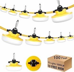 LED Construction String Light 100FT, 130W 16000Lm Industrial LED String Work Lights with 10 Bulbs, Linkable 5000K Super Bright Temporary Lighting for 