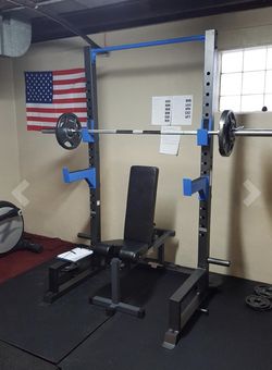 Brand new squat rack complete bundle weights barbell and adjustable weight bench