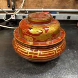 Antique Chinese Hand Painted Carved Wooden Wedding Box