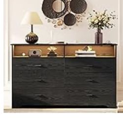 	 LIKIMIO 6 Drawer 59" Black Dresser with LED and Power Strip, Dressers & Chests of Drawers with Storage Cabinet for Bedroom