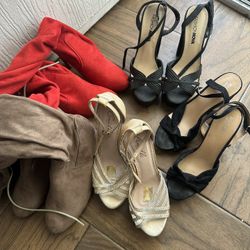 3 Pairs Of Heels ,2 Pairs Of Knee/ Thigh - Boots Size 6-6.5W, Like New 
