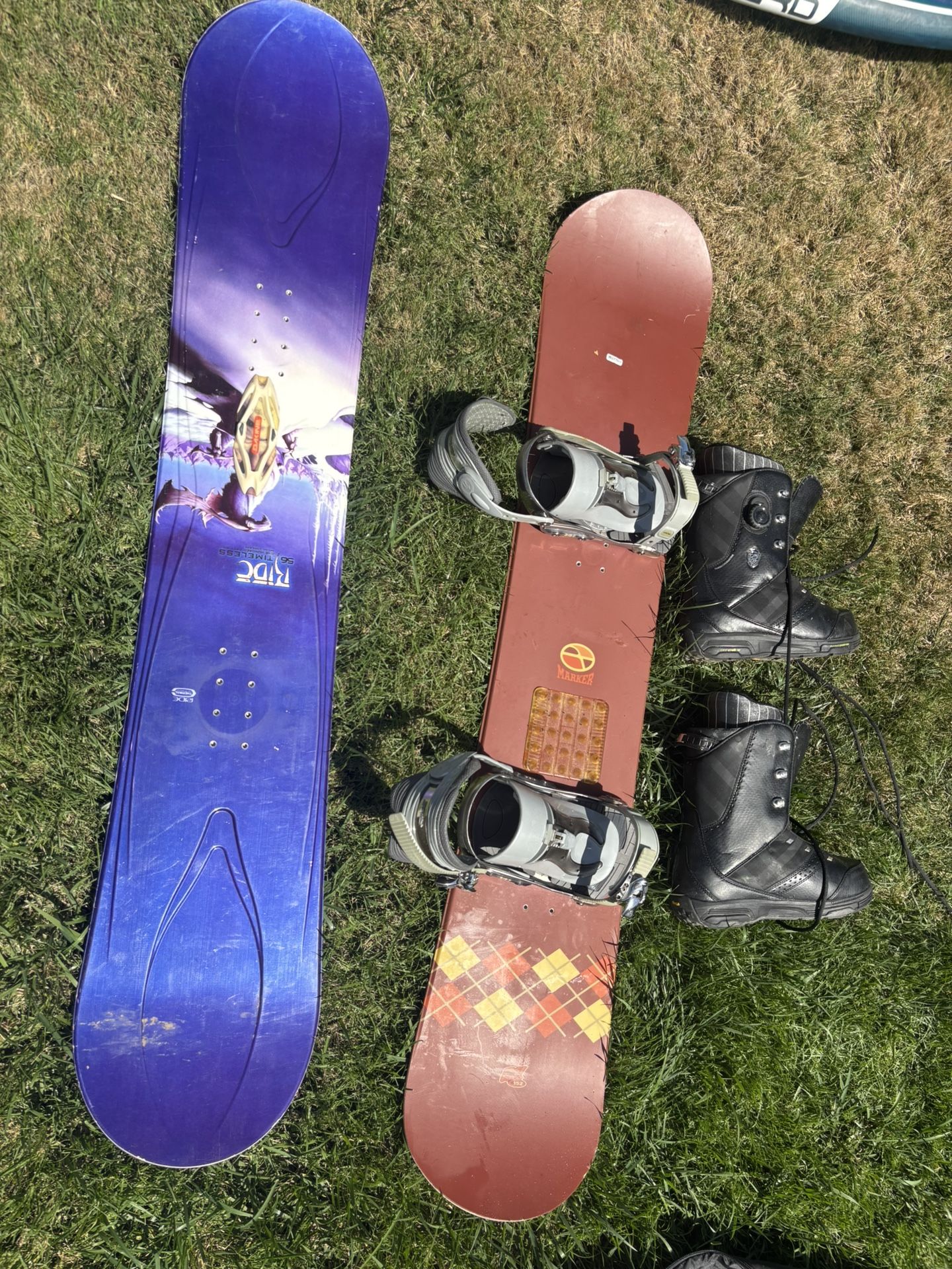 Two Snow Boards, Bag, And Size 11 Boots