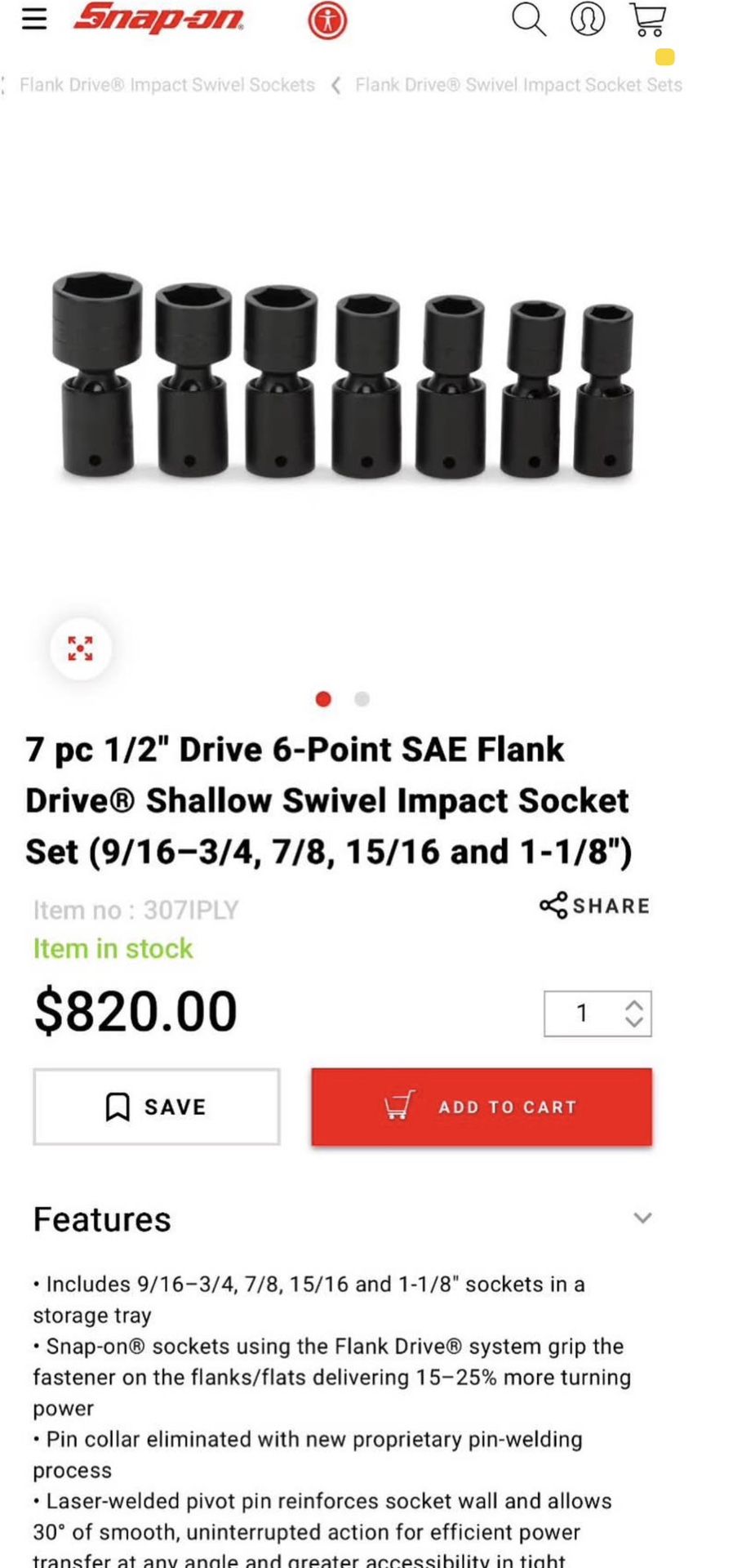 Snap-On 7 pc 1/2" Drive 6-Point SAE Flank Drive® Shallow Swivel Impact Socket Set