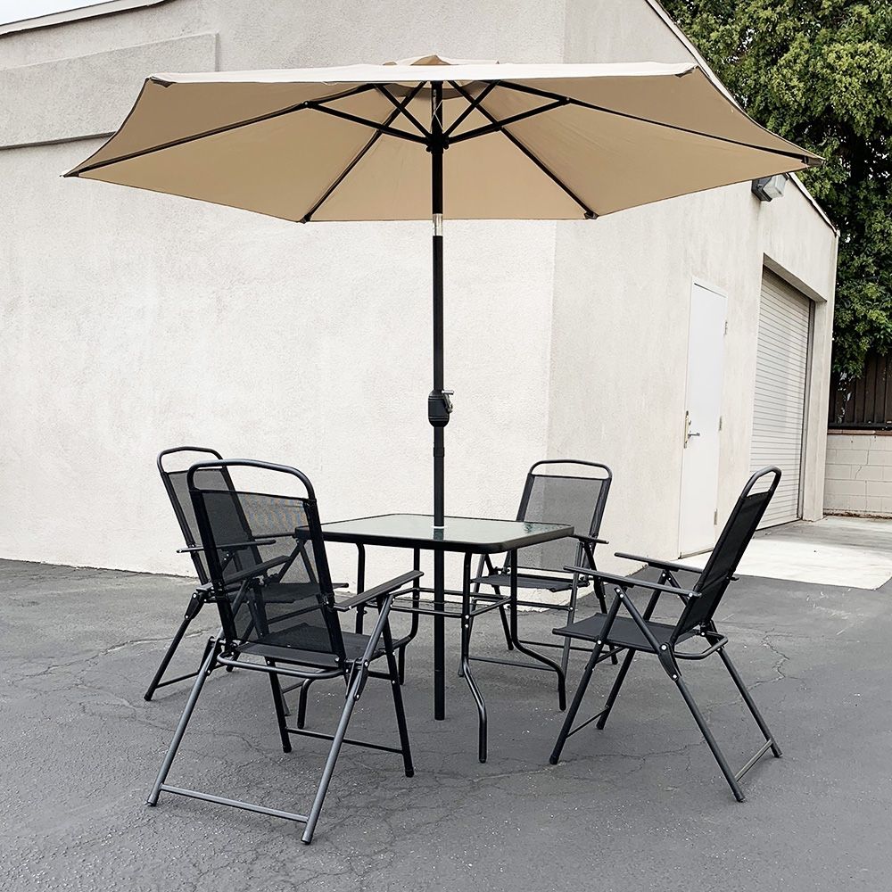 New $140 Outdoor 6pcs Patio Set with 32x32” Table, 4pc Folding Chairs and 10ft Tilt Umbrella