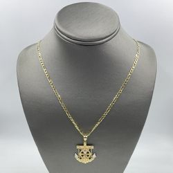 14KT YELLOW GOLD 24” FIGARO LINK CHAIN 9.6GR 3.3MM W/ 14KT TRI-COLOR GOLD RELIGIOUS ANCHOR CHARM 4.5GR