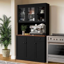 Tall Kitchen Pantry Cabinet with Microwave Shelf, Modern Large Freestanding Sideboard Cupboard Kitchen Hutch Cabinet with Storage Countertop and Drawe