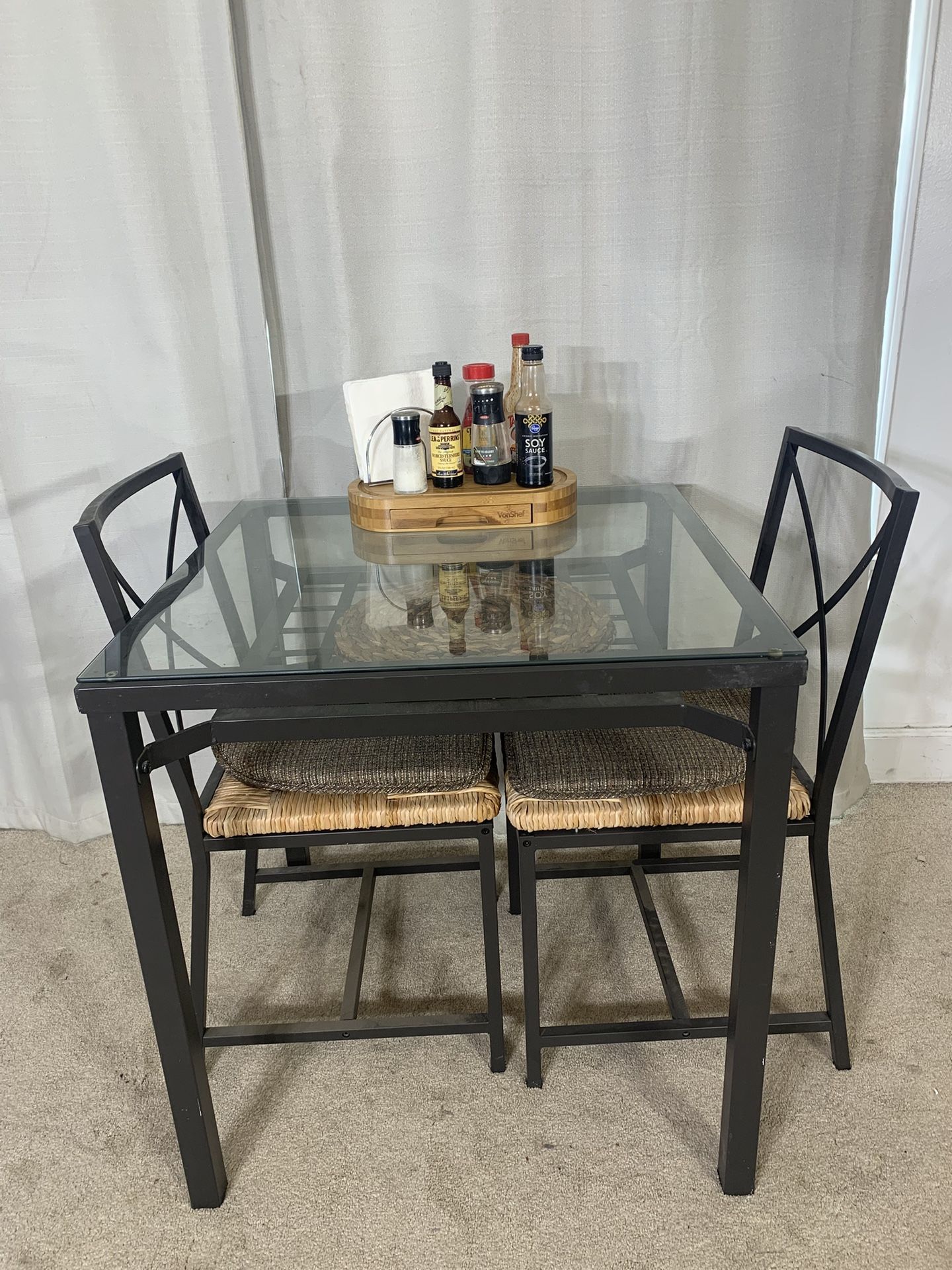 Compact Glass & Iron Table With 2 Rattan Chairs