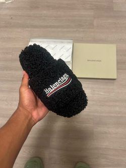 Black Balenciaga furry slides