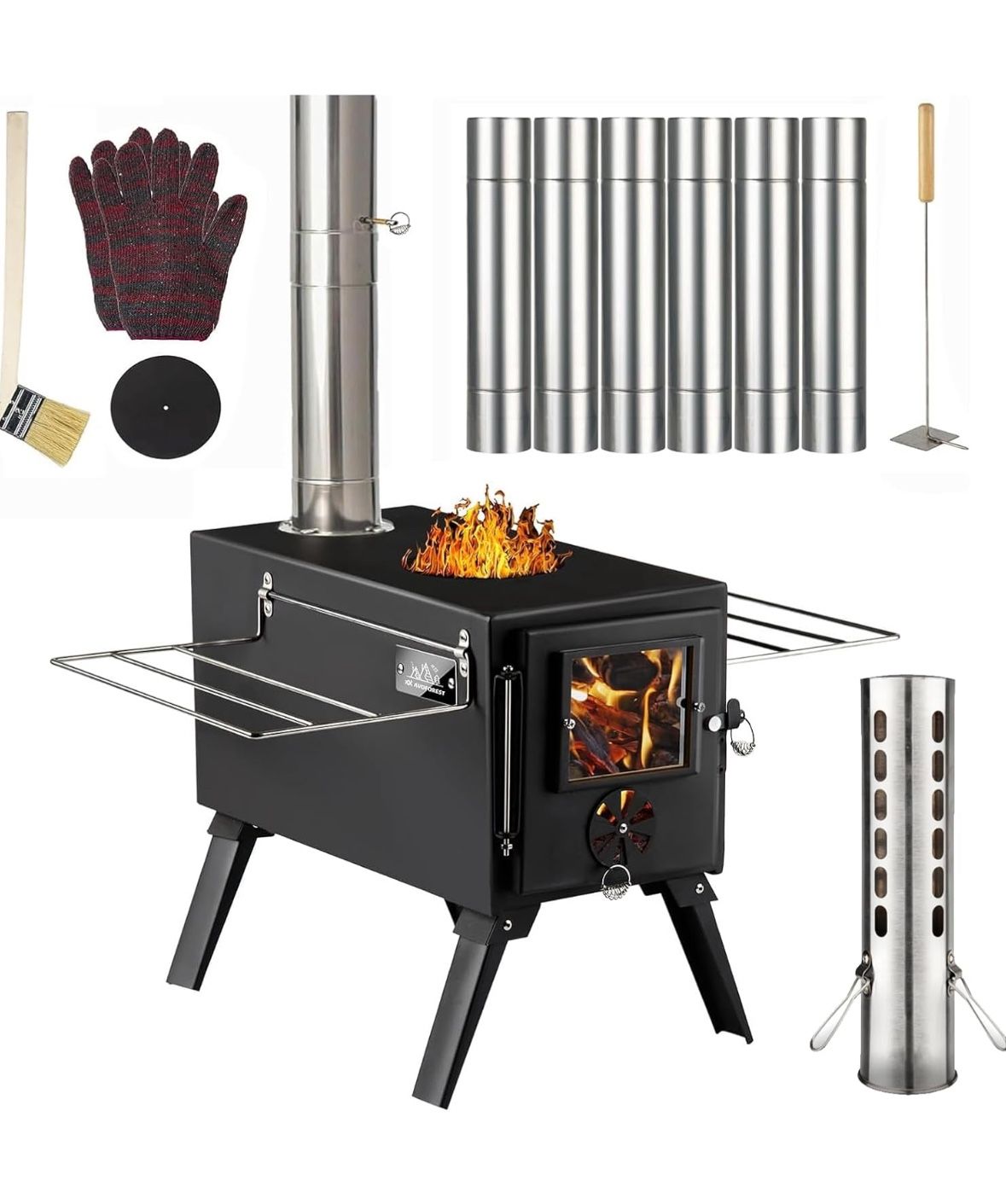 Hot Tent Stove, AVOFOREST Wood Burning Stove, Small Wood Stove with 7 Stainless Chimney Pipes for Outdoor Heating & Cooking, Ice Fishing, Hunting