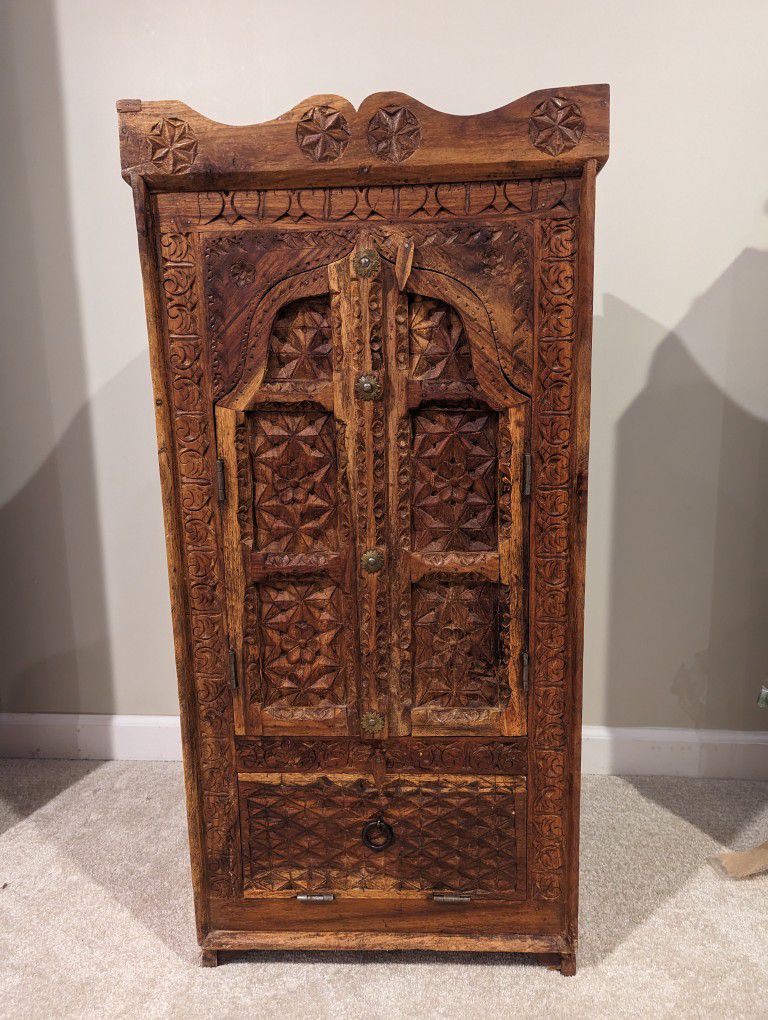 Indian Style Carved Wood Side Cabinet