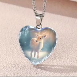 Vintage Crystal Style Deer Heart Shaped Silver Tone Necklace 