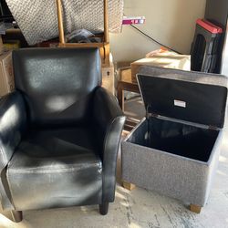 Genuine Leather Black Chair & Grey Storage Ottoman!