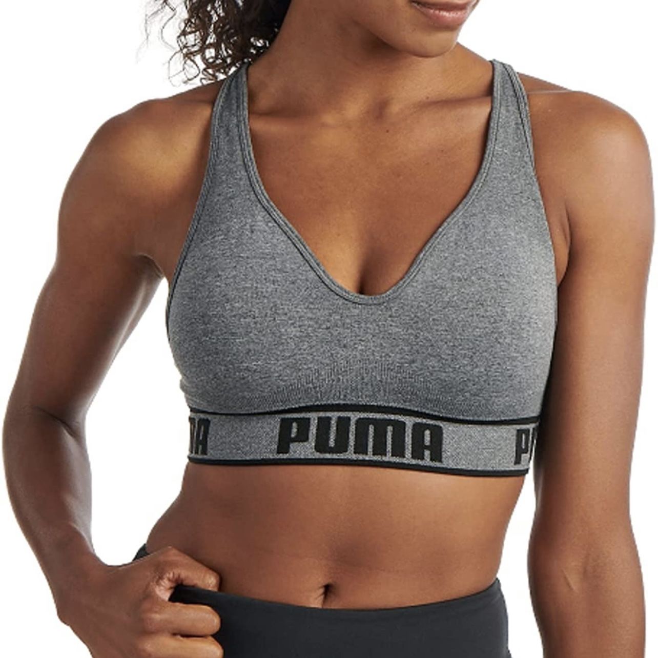 PUMA Heathered Light Grey V Neck Racerback Seamless Workout Sports Bra NEW