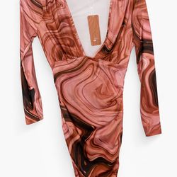 Pink/Brown Marble Bodycon Dress XS – Long Sleeve Mid Length – Brand New