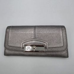 Coach Kristin Leather Flap Slim Envelope Wallet Coin Purse Metallic Gray Silver 